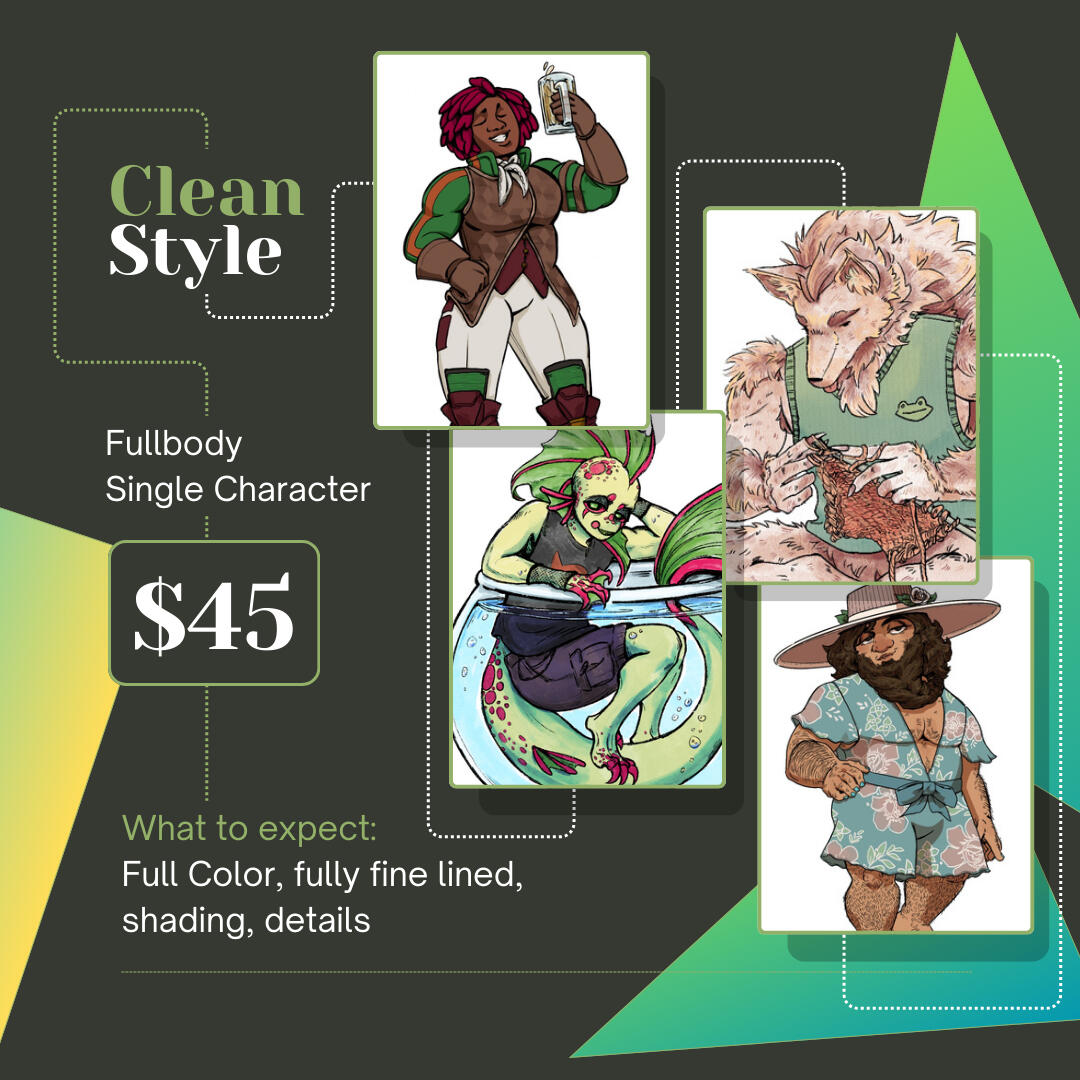 Graphic showing examples of KCleary's Clean style of Commission. Examples are full color, fully lined, with shading, and a good amount of detail in the drawings. This commission type is fullbody for a single character and costs $45